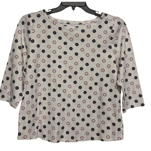 Charter Club Womens White & Pink Polka Dot 3/4 Sleeve Top Button Shoulder 100% S - Picture 1 of 7